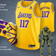 A Halo LA Lakers bundle, showing a controller, two sides of a shirt, and a Master Chief figurine.